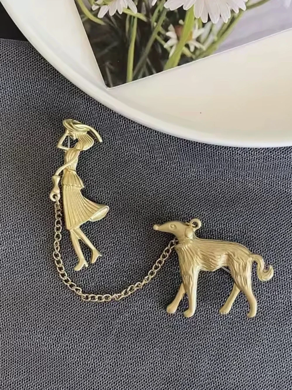 Vintage Runway Lady & Hound Brooch Pin